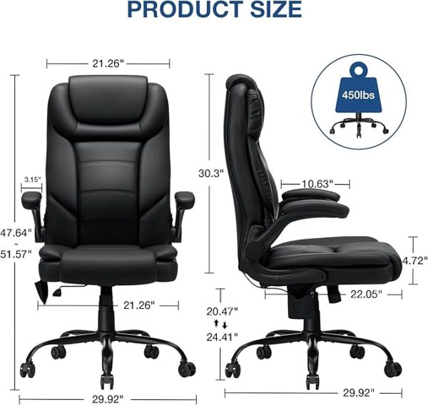 Executive Office Chair Big and Tall 450lbs Heavy Duty Office Chair with Adjustable Lumbar Support High Back Ergonomic Home Computer Leather Chair with Padded Flip-up Arms for Heavy People,Black For Sale