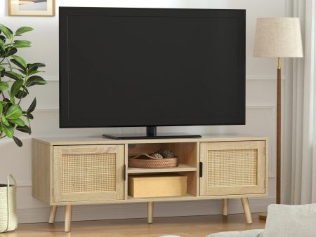 Farmhouse TV Stands for 55 Inch Tv,Wood Media Entertainment Center Cabinet Console Table with 2 Rattan Doors, Natural Oak, H0015 Discount