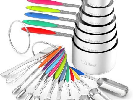 Measuring Cups and Spoons -  Stainless Steel 20 Piece Stackable Set, Includes 8 Measuring Cups, 10 Measuring Spoons, 1 Leveler & 1 Whisk, for Dry and Liquid Ingredient Online now