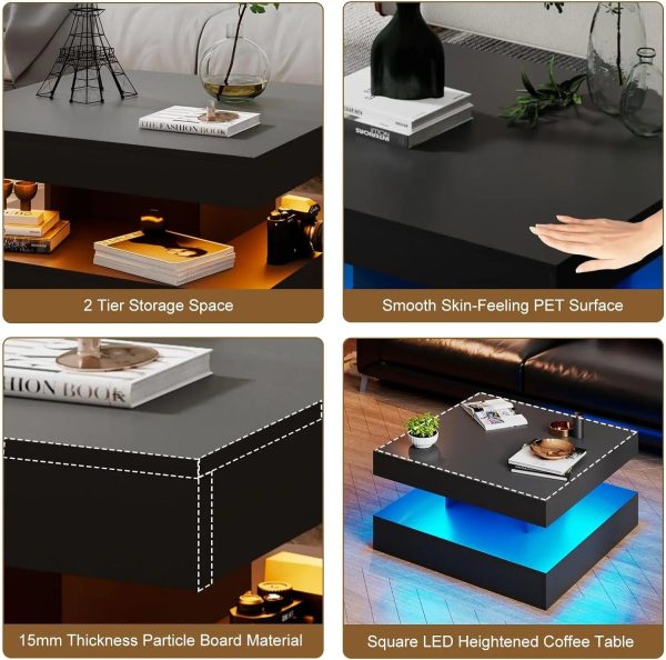 LED Coffee Table with Storage for Living Room Modern Smart Tall Square Center Table 2 Tier Display Shelf 20 Colors Light Wood Sale