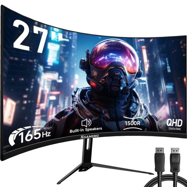 27-Inch 165Hz Curved Gaming Monitor - 1440P 144Hz QHD 2K PC Monitor with 2 Speakers, Backlight, 1ms Response Time, Freesync, Metal Base, DP & HDMI on Sale