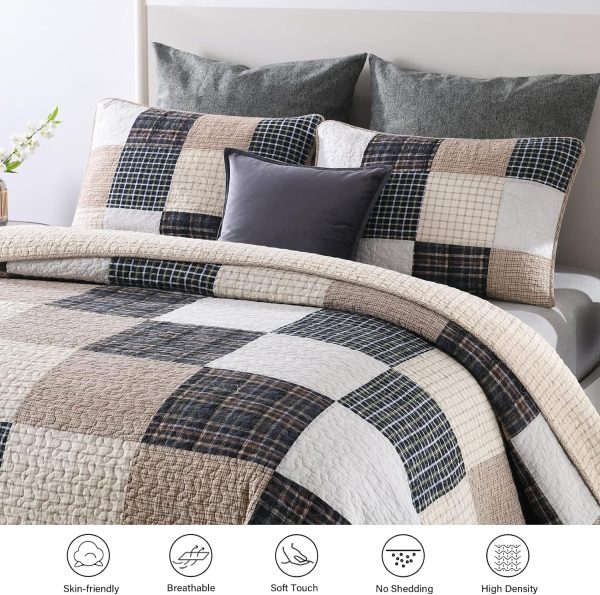 King Size 100% Cotton Quilt Set in Brown Khaki Black White Patchwork Plaid, Lightweight Reversible Soft Summer Bedspread - 3 Piece Bedding Set Online now