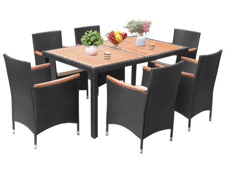 7 Pieces Outdoor Patio Dining Set with PE Rattan Wicker Dining Table and Chairs Acacia Wood Tabletop, Curved Wood Armrest Chairs with Cushions Online Sale