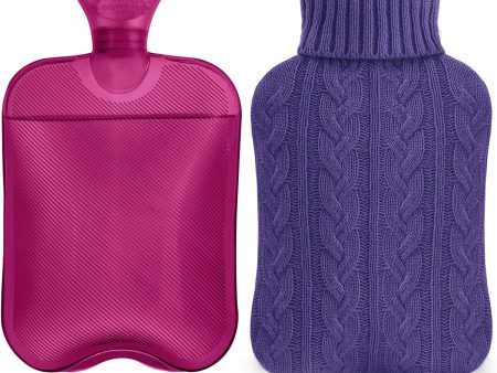 Hot Water Bottle with Knitted Cover, 2L Hot Water Bag for Hot and Cold Compress, Hand Feet Warmer, Ideal for Menstrual Cramps, Neck and Shoulder Pain Relief, Transparent Purple Online Sale