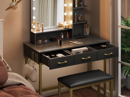 Vanity Set with Lighted Mirror & Power Outlet, Makeup Table with Drawers & Cushioned Stool for Bedroom in in Black on Sale