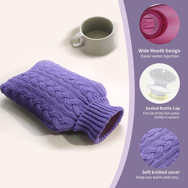 Hot Water Bottle with Knitted Cover, 2L Hot Water Bag for Hot and Cold Compress, Hand Feet Warmer, Ideal for Menstrual Cramps, Neck and Shoulder Pain Relief, Transparent Purple Online Sale