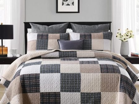 King Size 100% Cotton Quilt Set in Brown Khaki Black White Patchwork Plaid, Lightweight Reversible Soft Summer Bedspread - 3 Piece Bedding Set Online now