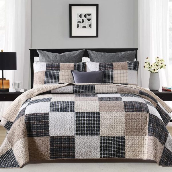 King Size 100% Cotton Quilt Set in Brown Khaki Black White Patchwork Plaid, Lightweight Reversible Soft Summer Bedspread - 3 Piece Bedding Set Online now