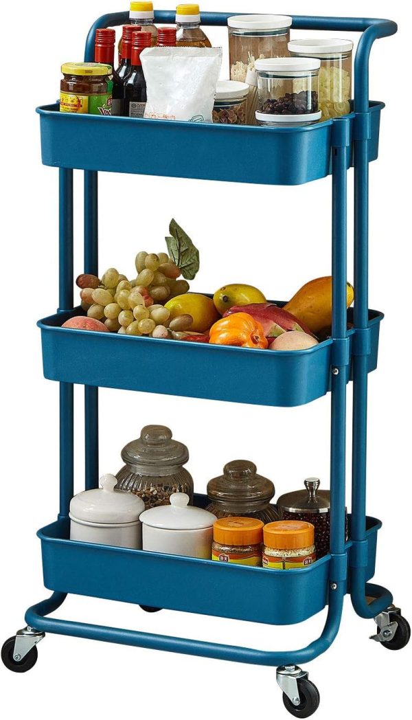 3-Tier Rolling Utility Cart Metal Organization Storage Cart Dark Blue Kitchen Trolley Service Cart with Lockable Wheels for Bathroom, Kitchen, Office on Sale