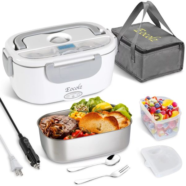 Electric Lunch Box 60W Food Heater Warmer, Eocolz 2 in 1 Portable Lunch Box for Car Truck Home Work Leak Proof with 1.5L Removable 304 Stainless Steel Container & Spoon 2 Compartments 110V 12V 24V Sale