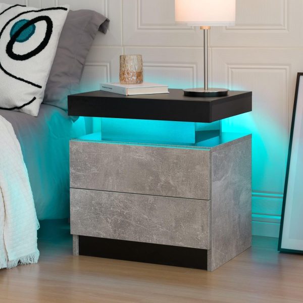 I-Aplus Bedside Table with 2 Drawers, LED Nightstand Wooden Cabinet Unit with LED Lights for Bedroom, End Table Side Table for Bedroom Living Room, Grey Hot on Sale