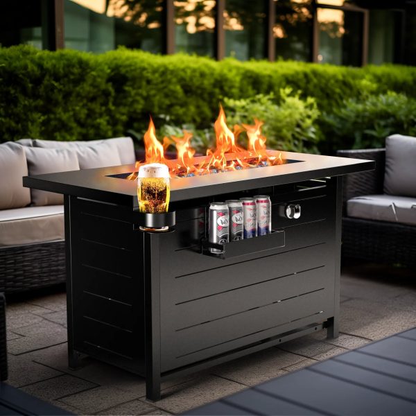 43  Rectangle Propane Fire Pit Table for Outdoor with 60,000 BTU, Glass Beads, Cup Holders, Hanging Shelf, and Nylon Cover For Sale