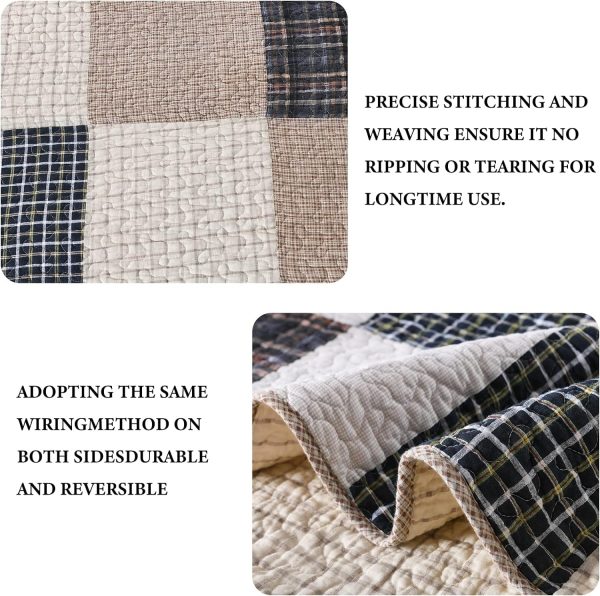 King Size 100% Cotton Quilt Set in Brown Khaki Black White Patchwork Plaid, Lightweight Reversible Soft Summer Bedspread - 3 Piece Bedding Set Online now