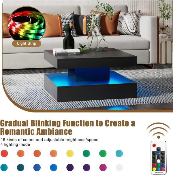 LED Coffee Table with Storage for Living Room Modern Smart Tall Square Center Table 2 Tier Display Shelf 20 Colors Light Wood Sale