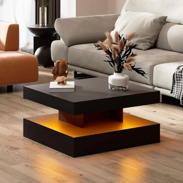 LED Coffee Table with Storage for Living Room Modern Smart Tall Square Center Table 2 Tier Display Shelf 20 Colors Light Wood Sale