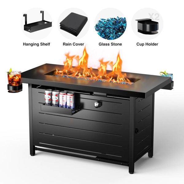 43  Rectangle Propane Fire Pit Table for Outdoor with 60,000 BTU, Glass Beads, Cup Holders, Hanging Shelf, and Nylon Cover For Sale