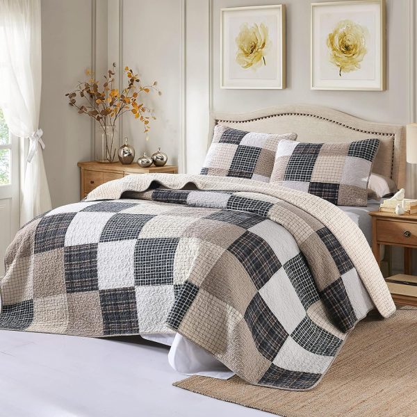 King Size 100% Cotton Quilt Set in Brown Khaki Black White Patchwork Plaid, Lightweight Reversible Soft Summer Bedspread - 3 Piece Bedding Set Online now