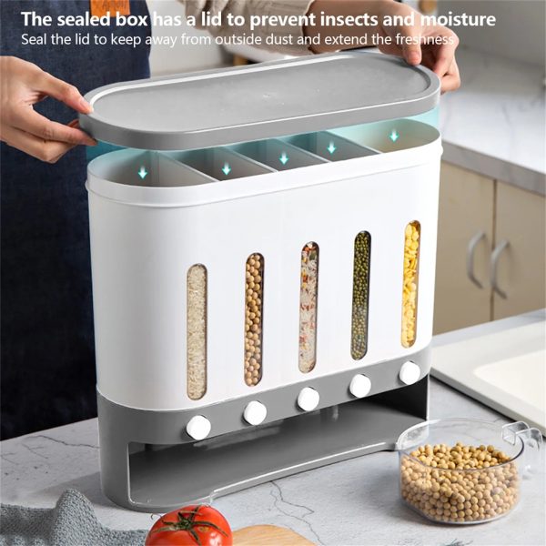 Cereal Dispenser Wall Mounted Grain Dispenser Storage 5 in 1 Kitchen Dispensing Container Food Dispenser for Cereals, Rice For Cheap