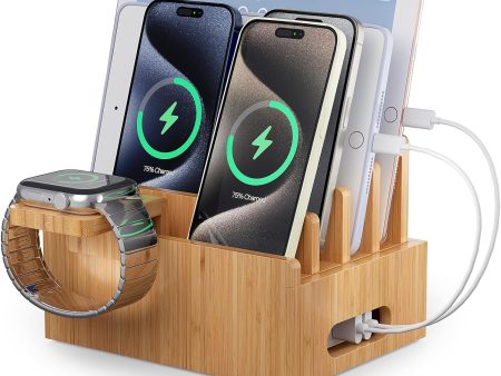 Bamboo Charging Station for Multi-Device with 4 Slots, Charging Dock Stand Compatible with Cellphone, Tablet, Watch (Include 6 Charger Cables, Watch Stand, NO USB Charger) Online